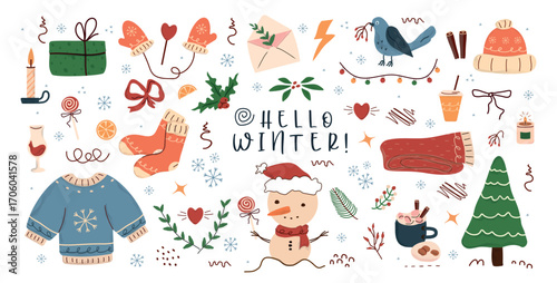 concept winter, pattern, Fir tree, stars, dots, snow,  line drawing. Holiday design elements are isolated on white background. Simple shape conceptfor winter season cards, for  party poster, banner