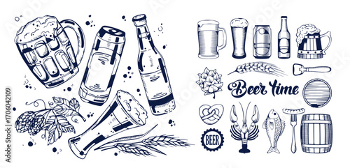 Beer brewery icons collection. Glasses, bottle, barrel hand drawn elements for pub, bar menu. Vector sketch illustration