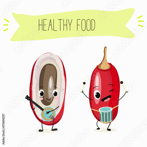 Miracle fruit funny characters, hand drawn vector illustration.