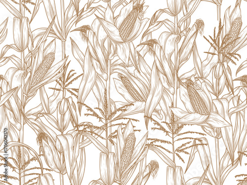 Seamless vector pattern of corn field in engraving style. Cooking dishes from corn. Popcorn. Farming