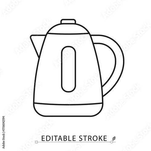 An electric kettle icon in minimalist style with editable stroke. Kitchen appliance symbol, hot water element, household object, beverage preparation concept, tea pictogram, boiling design