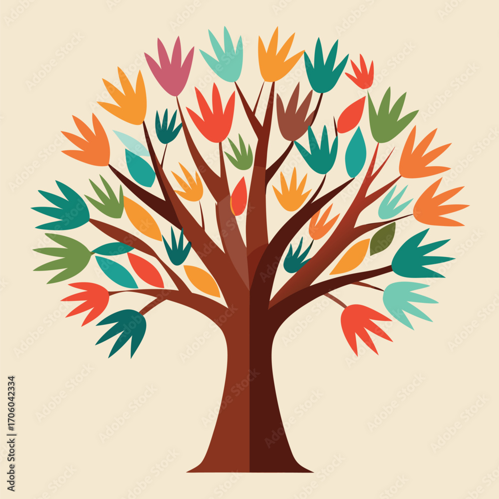 Naklejka premium Stylized Colorful Tree Illustration with a Retro Aesthetic and Flat Design Leaves