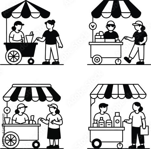 Retail Market Icon Set – Vendor Booths with Canopy, Buyers & Transaction Elements
