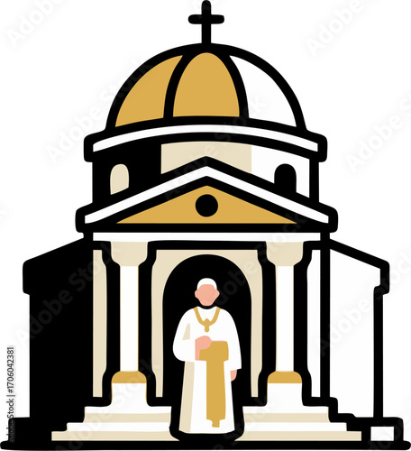 Minimalist Pope Standing in Front of Golden Dome Church Vector Illustration – Vatican City Religious