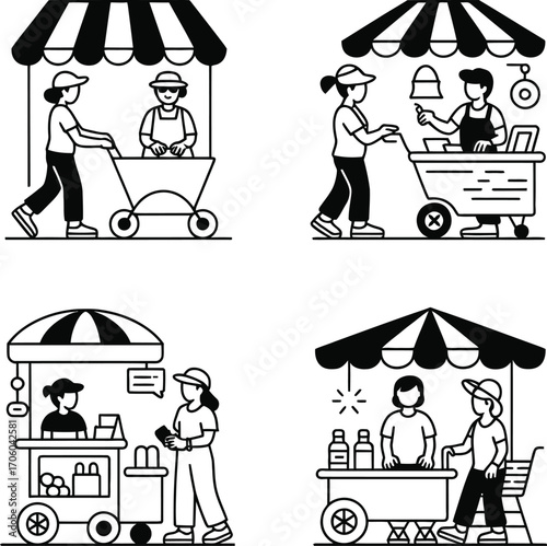 Vendor Stall Scene Pack – Market Cart Vectors with Canopy, Buyers & Product Display