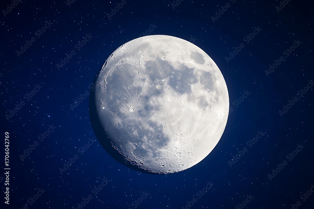 Obraz premium Full Moon Surface Texture, Lunar Craters With Dark Blue Starry Cosmos Background View
