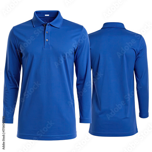 Full view of a royal blue long-sleeve polo shirt