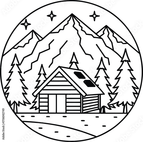 Scenic wooden cabin nestled in pine forest mountains isolated on white background isolated on transparent background