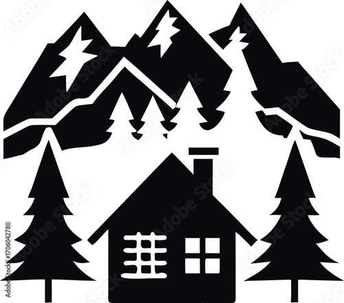 Rustic wooden cabin nestled in pine forest mountains scenic landscape isolated on white background isolated on transparent background