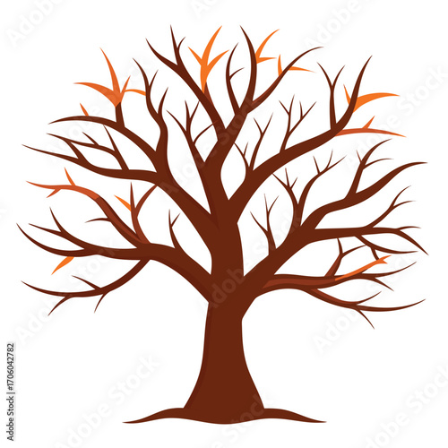 Autumnal Tree with Bare Branches and Scattered Orange Leaves Vector Illustration