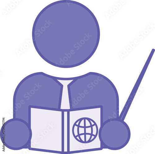 Colored Teacher Icon. Vector Illustration. Man in a Tie Holding a Book and Pointer. Specialist, Educator, Mentor Engaged in Teaching and Upbringing Students