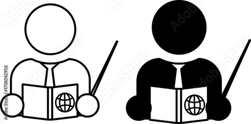 Teacher Icons. Black and White Vector Illustrations. Man in a Tie Holding a Book and Pointer. Specialist, Educator, Mentor Engaged in Teaching and Upbringing Students