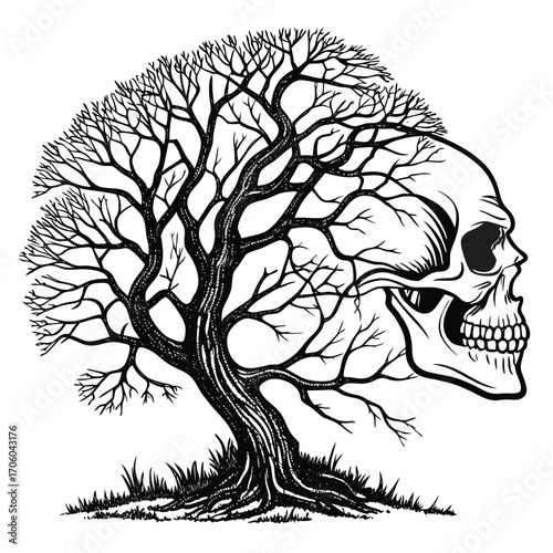 Creepy Tree Skull Fusion Graphic Art Illustration Gothic Spooky Design