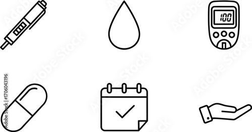 Diabetes management icons set insulin glucose meter and treatment
