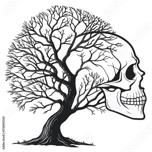 Striking Visual Metaphor of Skull Tree Symbolizing Mortality and Nature's Embrace