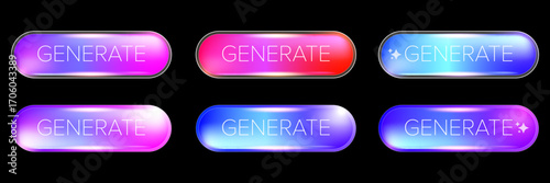 AI Generate glossy button set, futuristic neon glow design for websites or applications, creative user interface elements, modern graphic art for call to action, technology, software, online solutions