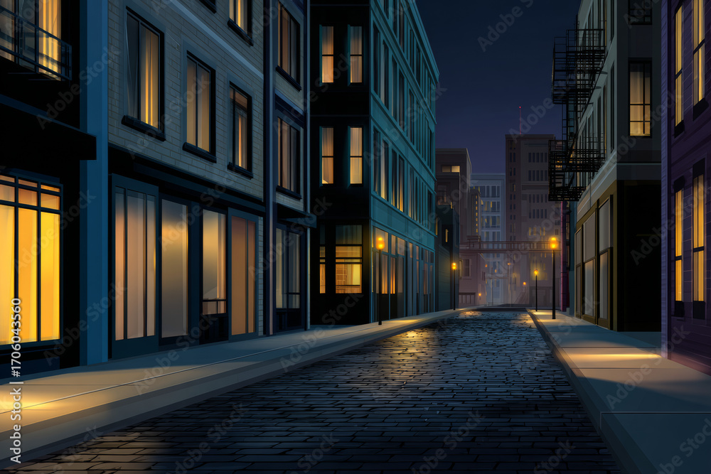 Fototapeta premium Stylized Nighttime Urban Street