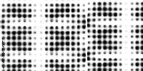 Grunge halftone gradient background. Faded grit noise texture. White and black sand wallpaper. Retro pixelated backdrop.