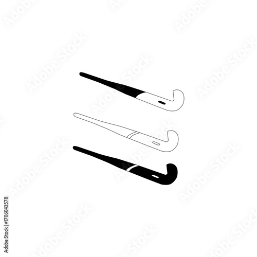 Three stylized hockey stick designs in black and white, ideal for logos, icons, or sport-related designs.