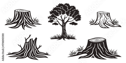 Monochrome Forest Depiction of Tree Stumps and Single Tree Silhouette
