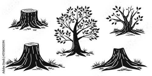 Monochrome Forest Silhouette Illustration featuring Tree Stumps and a Leafy Tree in Black and White