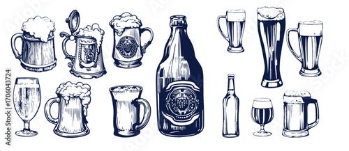 Beer brewery icons collection. Glasses, bottle, barrel hand drawn elements for pub, bar menu. Vector sketch illustration