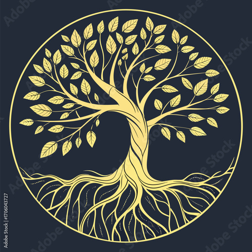 Golden Tree of Life Symbolism Circle Illustration Serenity and Growth