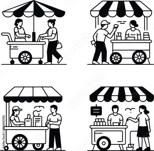 Retail Stall Vector Pack – 4 Street Vendor Illustrations with Canopy & Transaction Scenes