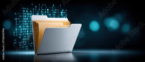 Digital folder with yellow file and flowing data stream conveying secure information management and organized folder data storage efficiency