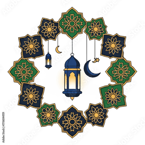 Islamic lantern and crescent moon surrounded by colorful star patterns in a circular arrangement on a white background.