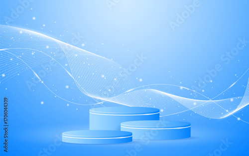 Multi-layered blue podium with elegant white wave lines on the back for product presentation. Display of cosmetic products. Stage or podium. vector illustration	