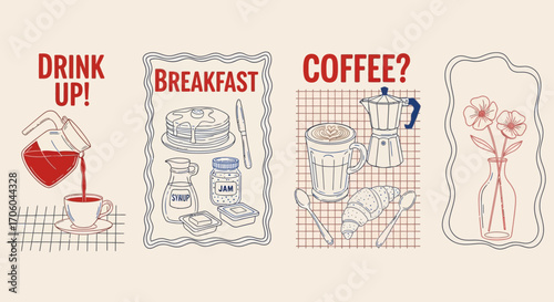 A set of four vintage-style illustrations depicting a coffee and breakfast theme with hand-drawn elements and text.