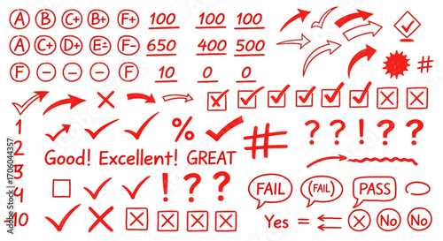 A comprehensive set of hand-drawn red correction marks, grading symbols, and feedback text, including checkmarks, X's, arrows, grades, and numerical scores, for educational and review applications.