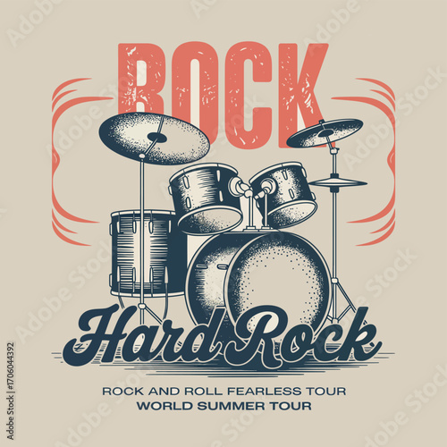 Rock and Roll Drum Vector,  Vintage Music Artwork, Retro Drum Illustration for T-Shirt Print, World Tour Poster, Rockstar Apparel Graphics, and Music Vector Design