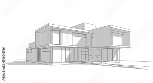 A detailed architectural sketch of a modern, multi-story house with large windows and geometric shapes, showcasing a contemporary design.