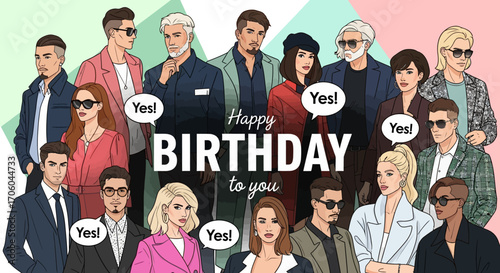 Group of diverse people celebrating a birthday, with speech bubbles saying 'Yes!'.