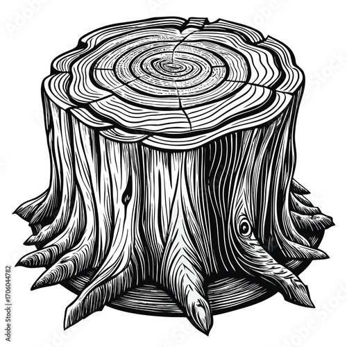 Detailed Woodcut Style Tree Stump Illustration Revealing Growth Rings and Root Structure