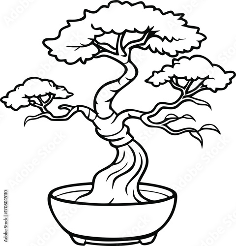 Minimalist Bonsai Tree Illustration in Pot Featuring Twisted Trunk and Branches