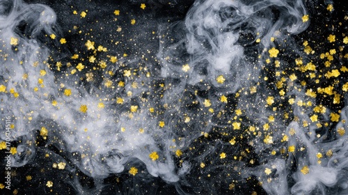Ethereal blend of smoke and golden star-shaped particles against a black backdrop, creating a dreamy, magical atmosphere with contrast and depth