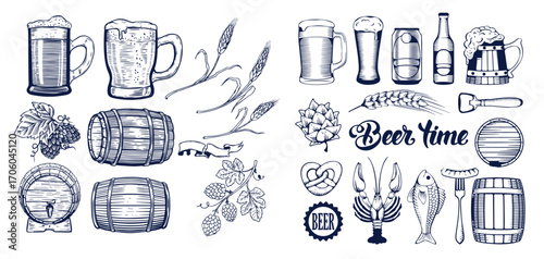 Beer brewery icons collection. Glasses, bottle, barrel hand drawn elements for pub, bar menu. Vector sketch illustration