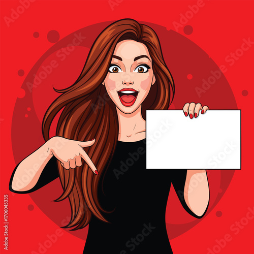 Excited cartoon woman with long brown hair holding and pointing at a blank white sign.
