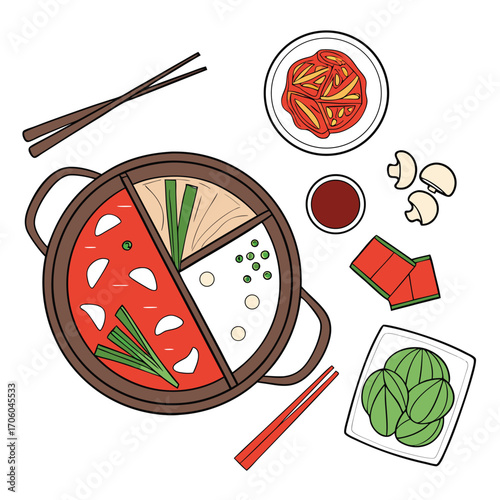 An overhead illustration of a Korean hot pot meal with various side dishes, including kimchi and mushrooms.