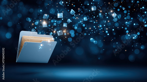 Folder and data icons float from open folder creating glowing digital data particles and cube symbols blue bokeh light evoking secure cloud