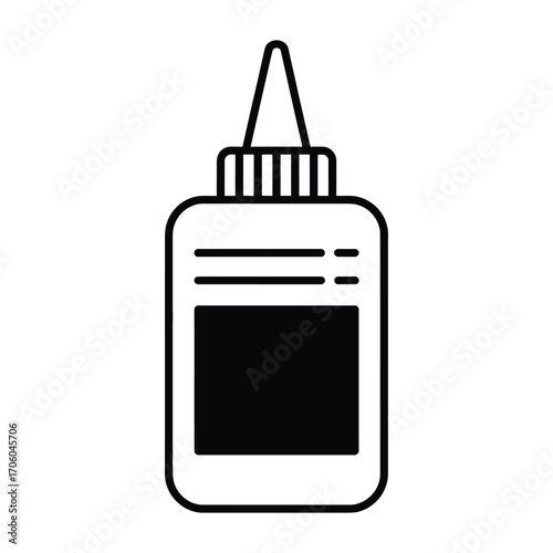 Minimalist black and white line art icon of a glue bottle with conical nozzle and label in flat design on white background