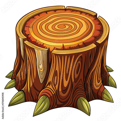 Cartoon Tree Stump with Growth Rings and Roots Illustration