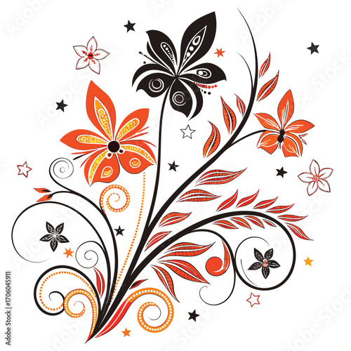 A vibrant floral arrangement with swirling vines and star accents, featuring orange, black, and white flowers.