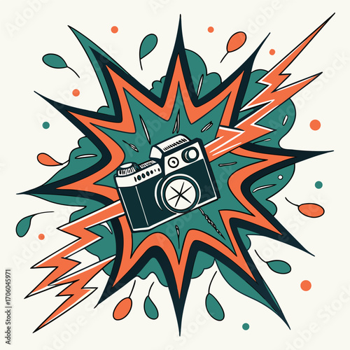 A retro camera at the center of a dynamic comic book style explosion with a lightning bolt.