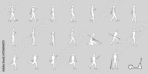 Collection of character animation keyframes showing walking running and standing poses with props and a scooter