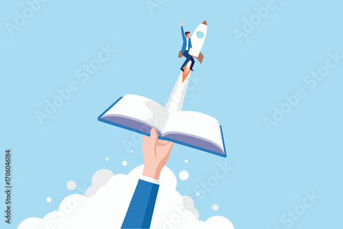 Businessman riding a rocket launching from an open book symbolizing education and career growth
