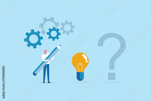 Man with pencil and gears contemplating a lightbulb and question mark representing idea generation and problem solving